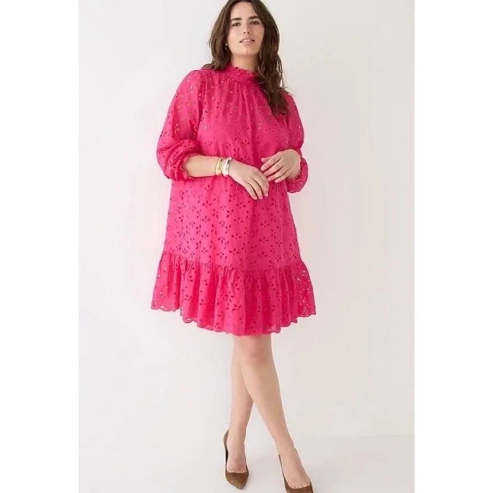J. Crew Eyelet Ruffle High Neck A-Line Mini Dress Fuscia Pink Women's Size Large